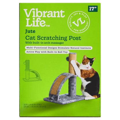 Jute Cat Scratching Post with Built-In Arch Massager, Gray, 17"