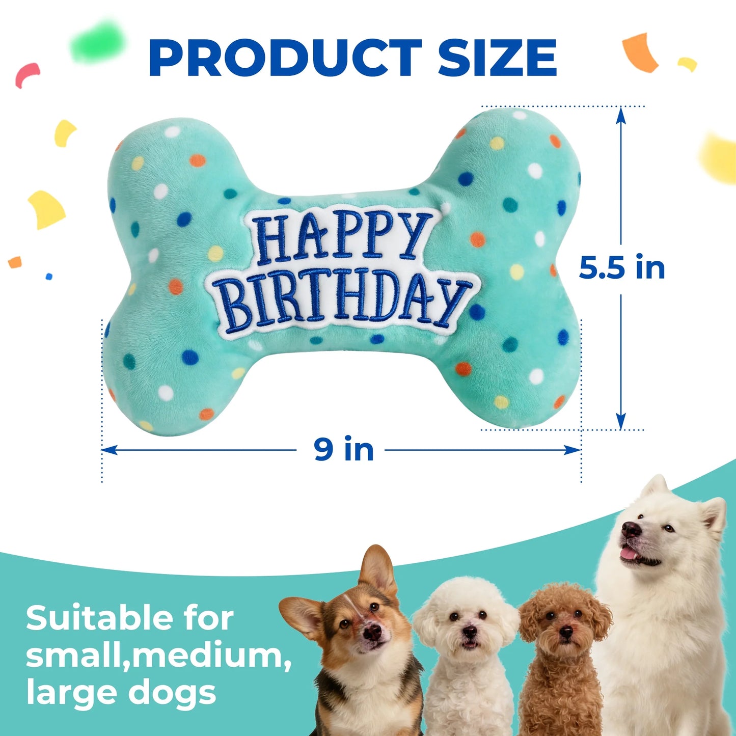 Dog Birthday Toys, Plush Dog Squeaky Toys, Dog Chew Toys Bone for Small Medium Large Dogs
